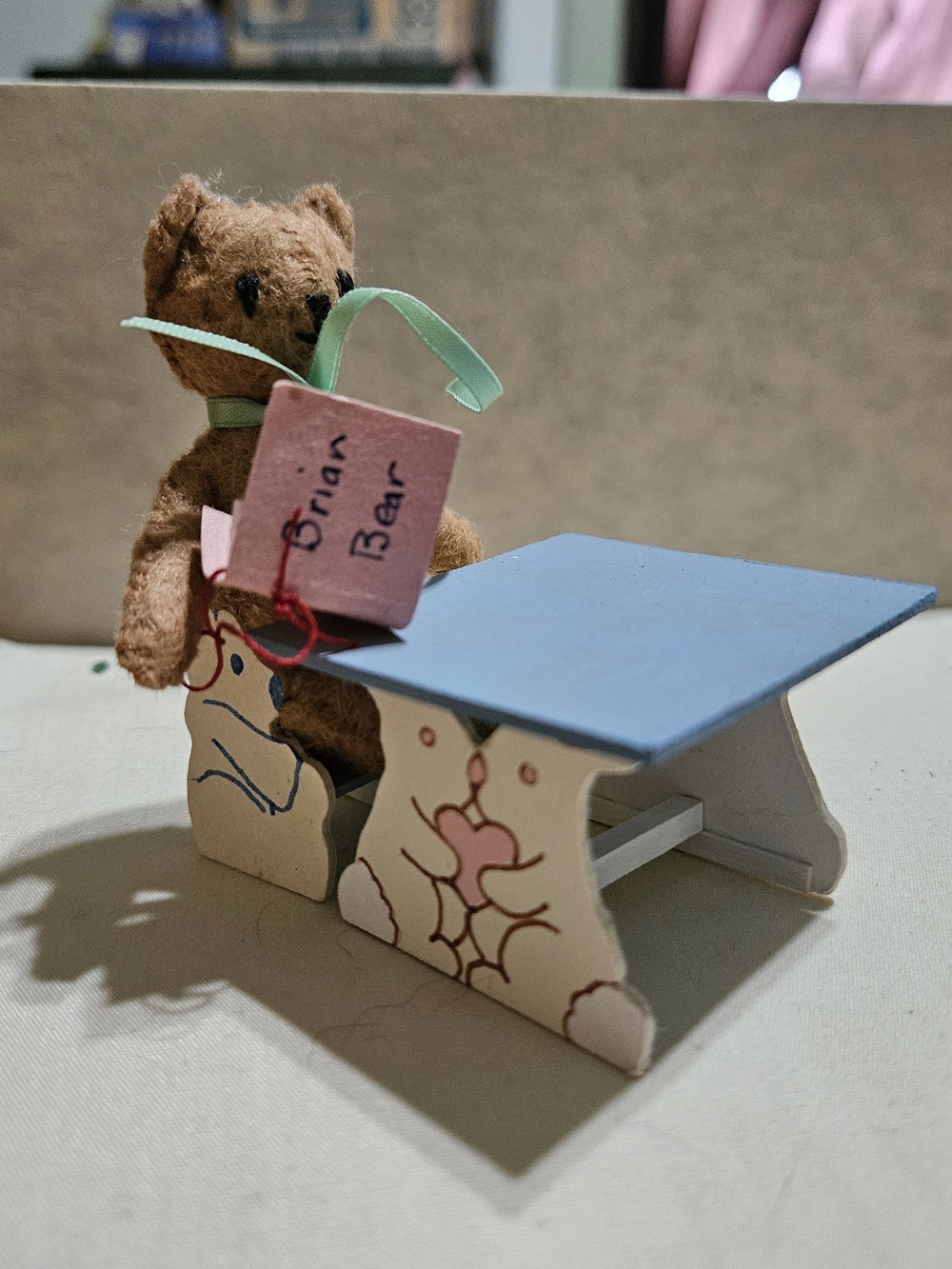 Vintage Miniature Tiny Brown Teddy Bear Seated at a Small desk